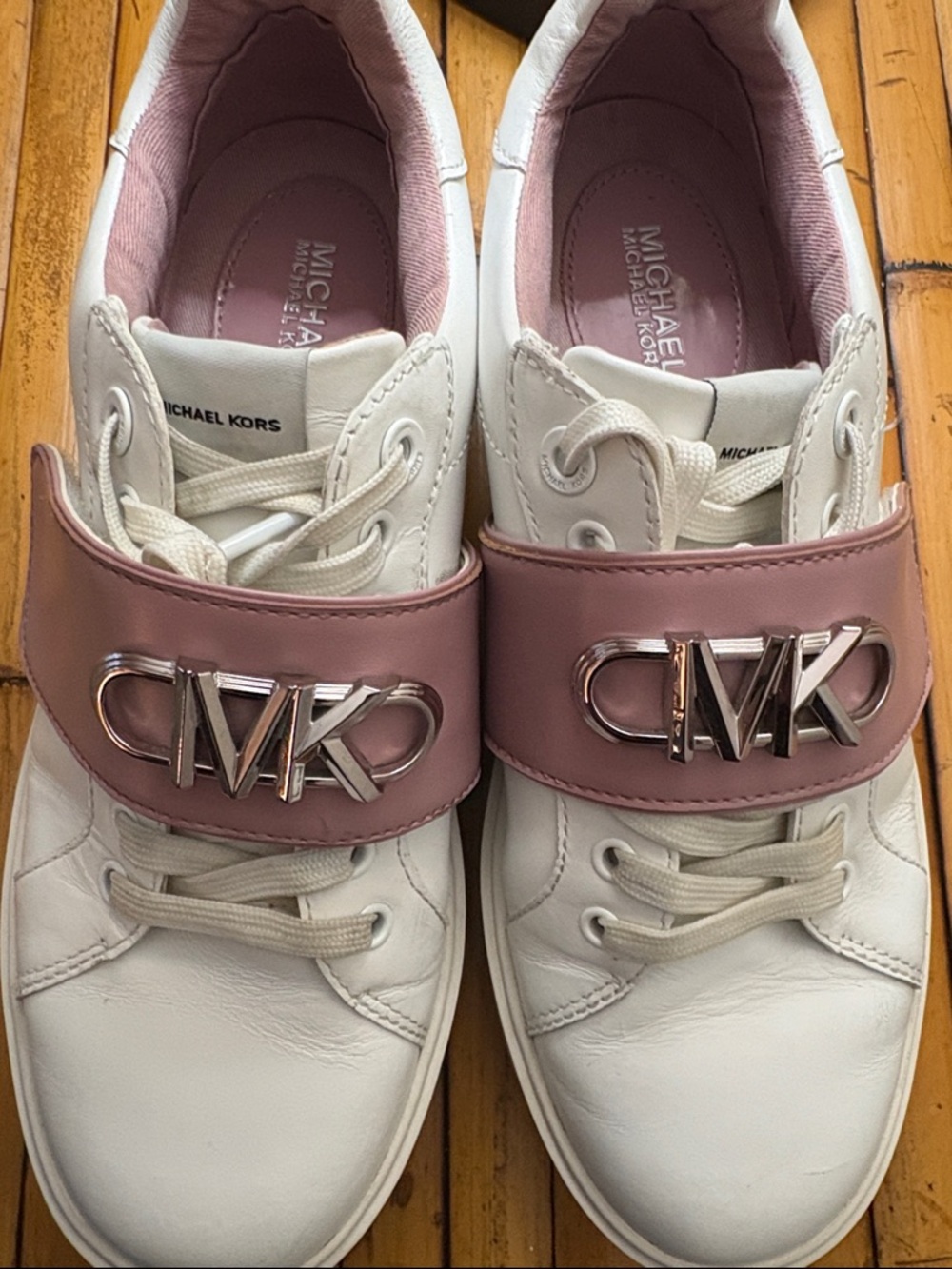 Michael Kors White & Dusty Rose MK Strap Sneakers